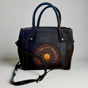Genuine Leather Navy and Gold Handbag